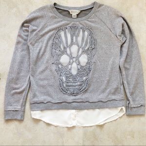 Romper Grey Skull Crew Pullover Top Lace Sz M